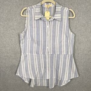 Love Notes Top Women Large Blue Stripe Shirt Tank Button Preppy Nautical Coastal